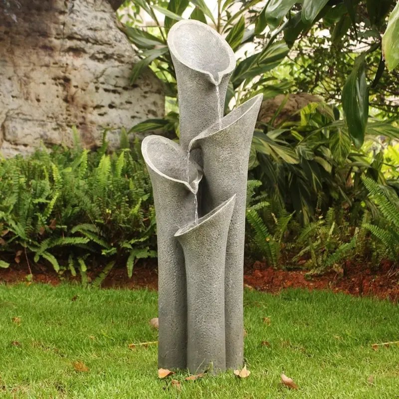 33.5"H-Bell 4-Tier Cascading Floor Rock Water Outdoor Fountain with LED Lights