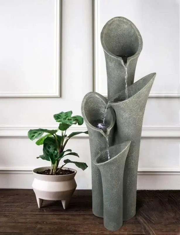 33.5"H-Bell 4-Tier Cascading Floor Rock Water Outdoor Fountain with LED Lights