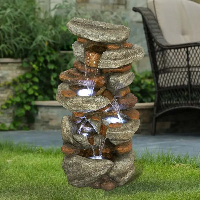 29.9"H-Tiered Rock Garden Outdoor Fountain with LED Lights
