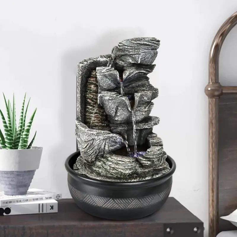 Resin Stacked Rock Tabletop Indoor Fountain with LED Lights- 15.7" H