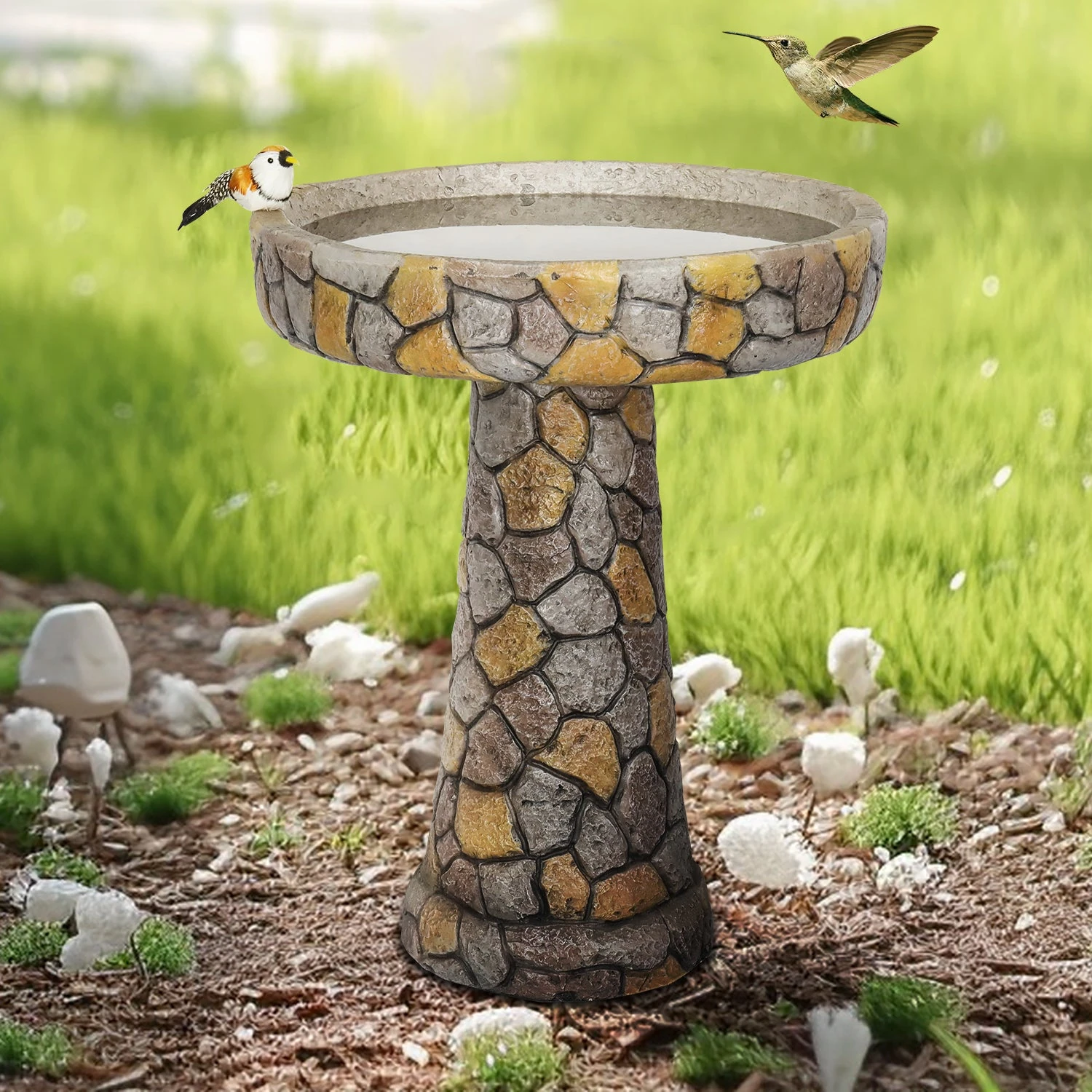 product_image_1765565569 24" H Mosaic Stone Design Outdoor Bird Bath - 18.8" Diameter Perfect for Enhancing Your Garden, Patio, Backyard, or Porch