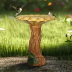 24.4"H Concrete Outdoor Bird Bath with Sunflower Bowl and Woodtone Pedestal - Garden Decor